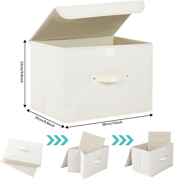 Cloth Storage Baskets with Handles,Beige 15x9.8x9.8in,1 Pack | Storage Boxes with Flip-Top Lids,Washable PP Panel Cube Drawer Organizers,Collapsible Underwear Divider Bins for Home
