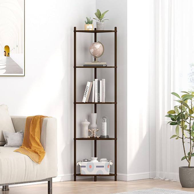 Wisuce Brown Tall Corner Shelf Stand, 5-Tier Bamboo Corner Bookshelf | Space-Saving Narrow Corner Shelf | Bathroom Corner Shelf | Shelves for Bedroom, Living Room, Kitchen & Plant Display