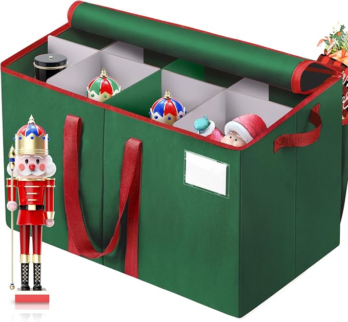 EverMerry Nutcracker and Figurine Collectibles Storage Box， Large Ornament Storage Organizer Stores Up to 8 Holiday Figurines-Carolers, Santa Figure, or Nut Cracker Ornaments (Green/15 Inches)