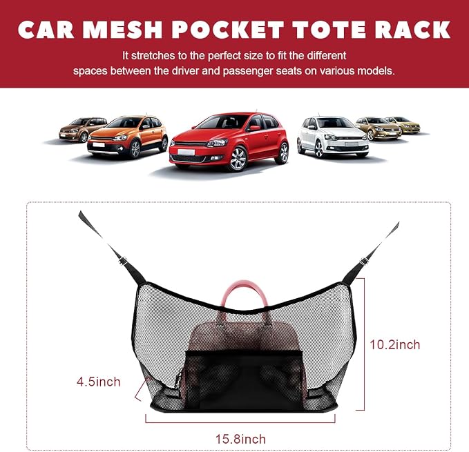 Car Net Pocket Handbag Holder, Driver Storage Netting Pouch Between Seats, Large Capacity Seat Back Organizer Mesh Pocket for Purses and Bags, Auto Backseat Pet Kids Barrier (Black)