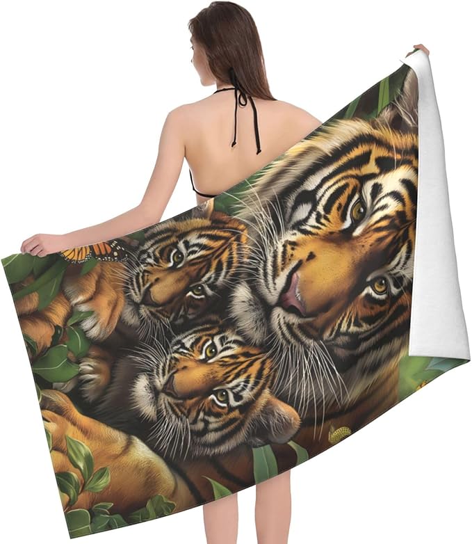 Tiger Family Beach Towel 31inx51in, Wildlife Sand-Free Microfiber Bath Towel Ultra Soft Quick Dry Pool Towel Absorbent Towel Lightweight Towel for Swimming Bathroom Decor