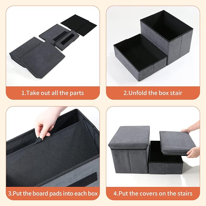 Foldable Dog Stairs with Storage | 2-Step Non-Slip Pet Steps for High Beds and Couch, Hidden Storage Dog Ladder for Small & Medium Dogs, Cats, Grey