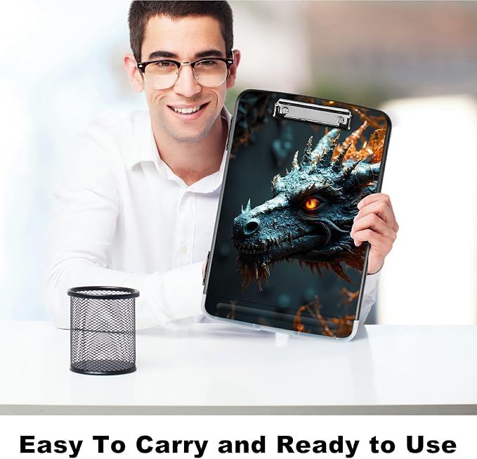 A4 Clipboard with Storage Pen Holder, Clipboards Organizer Nursing Clipboard Foldable File Folder Plastic Clipboard Folio Clip Board for Office Work Classroom Doctor, Forest Grey Dragon