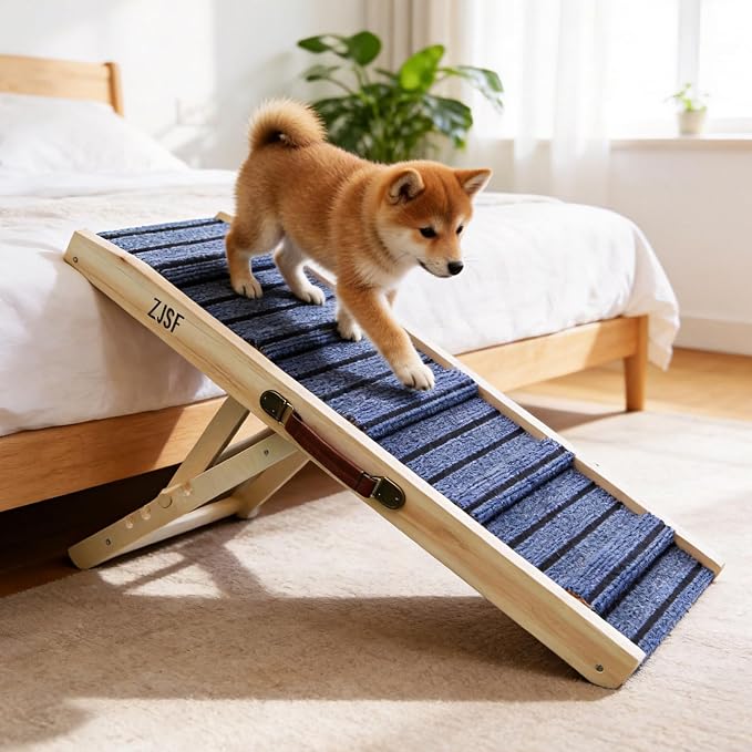 ZJSF Foldable Wooden Dog Ramp for High Bed, Dog Stairs for Small Dogs, High Traction Platform with 4 Adjustable Heights (5"-20.5"), 31.5" L, Supports up to 70 lbs,Small Size for Puppies