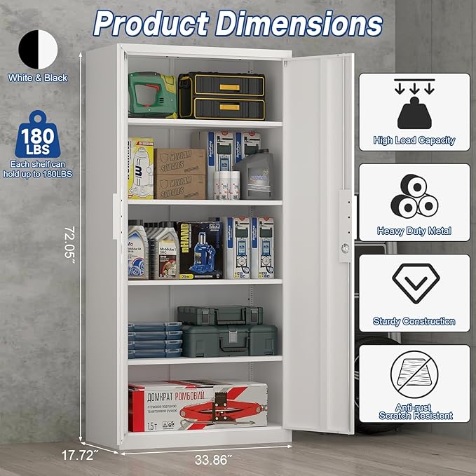 72" H Metal Garage Storage Cabinet with 2 Doors and 4 Shelves, White Steel Locking File Cabinet, Metal Storage Cabinets for Office, Home, Garage, Gym, School