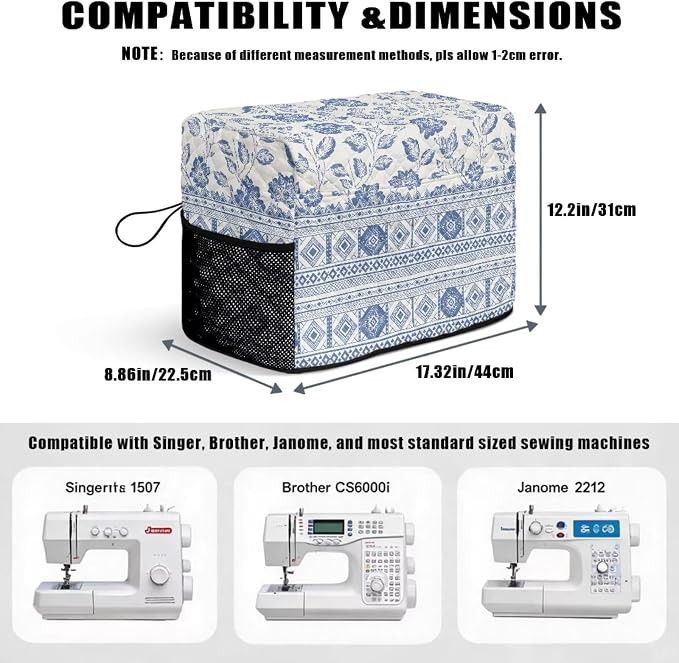 Sewing Machine Cover Polyester Febric Blue White Floral Ethnic | Dust Pet Hair Protection,Quilting Design,Fits Standard Singer,Brother Janome Machines,Protecting Decorating Your Sewing Space