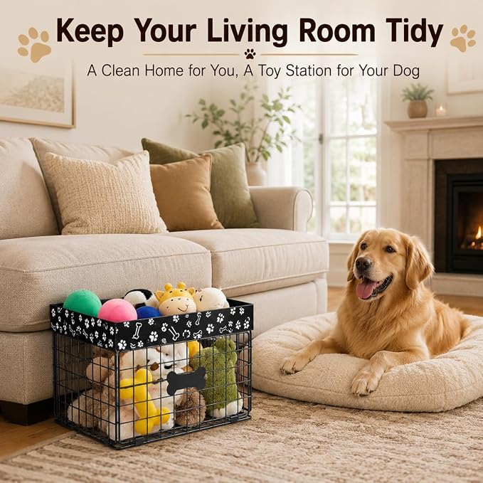 Metal Dog Toy Basket for Living Room, Foldable Dog Toy Storage Bin with Personalized Bone Label, Chew Resistant Pet Toy Organizer Basket, Durable Wire Dog Toy Box for Balls, Ropes, Plush Toys