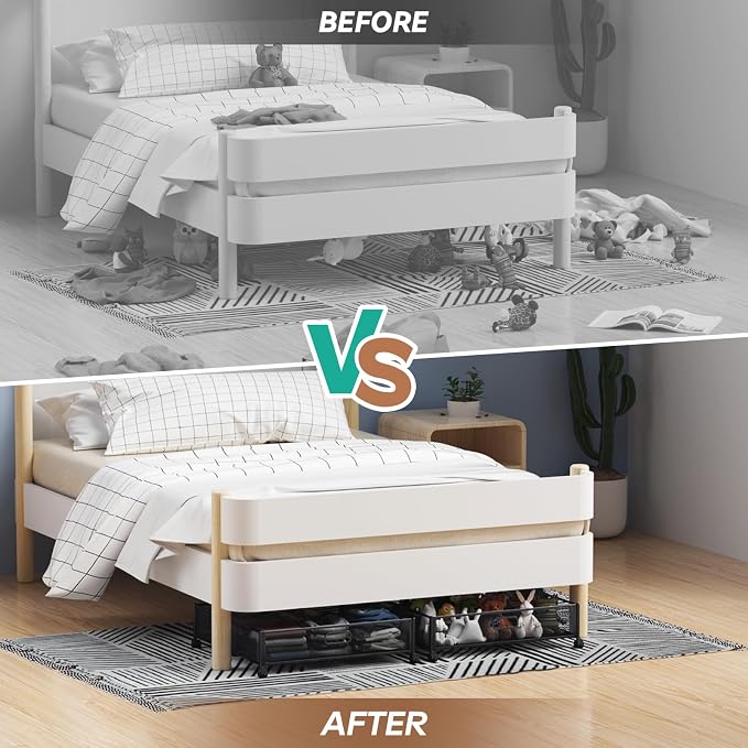 Under Bed Storage with Wheels & Handle,Metal,Large,2 Pack,White | Tool-free assembly, glide smoothly, easy reach, foldable, maxmazie low-profile beds, dorm, keep seasonal clothes, shoes fresh
