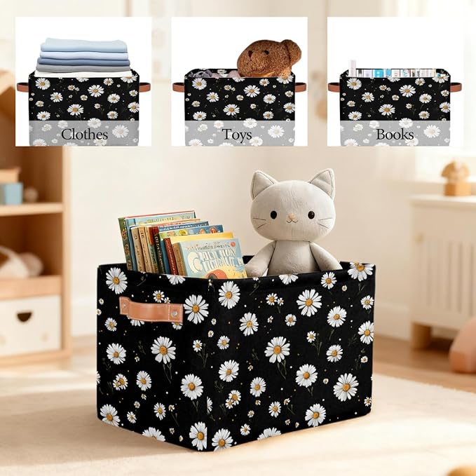 Pardick Storage Baskets Bin, Daisy Flower Black Collapsible Canvas Fabric Storage Bin Decorative Baskets Toy Organizer Rectangle Storage Boxes with handles for Home Shelves Nursery,Q-11