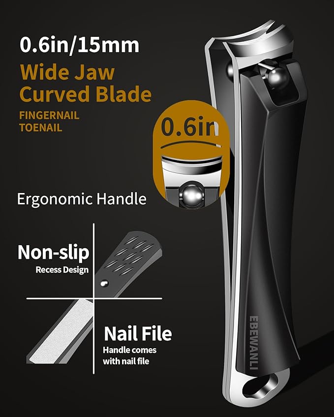 EBEWANLI Large Nail Clippers, 15mm Ultra Wide Toenail Clippers for Thick Toenails, Stainless Steel Fingernail Clipper Built in Nail File, Curved Blade Toe Nail Cutter Trimmer for Men or Women