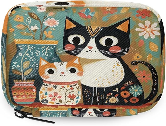 Weekly Pill Organizer Travel Size Bag with Removable 7 Day Pill Box Portable Vitamin Case Purse with Zipper,Two Cats Floral Decoration