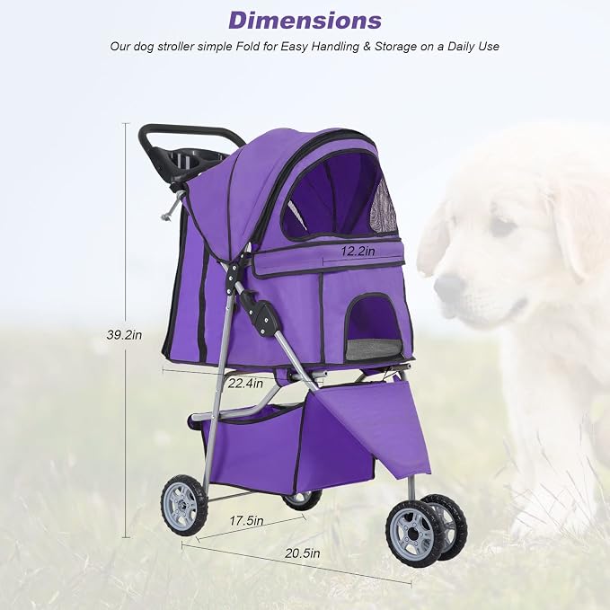 BLKMTY Dog Stroller, Folding Dog Stroller for Medium Dogs Cats, 3 Wheels Pet Cat Strollers Travel Carrier Strolling Cart for Puppy Jogger Strollers with Cup Holder & Storage Basket, Purple