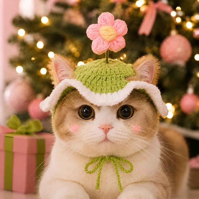 Flower Cat Hat, Green Cotton & Soft Cute Knitted Hats for Cats | Halloween Christmas Holiday Party Clothes Birthday Party Puppy Hat for Small Pets, Holiday & Photo Outfit