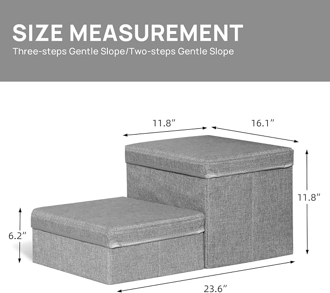 Linen Foldable Dog Stairs with Storage | 2-Step Pet Steps for High Beds & Couch, Non-Slip Dog Ladder for Small & Medium Dogs and Cats, Light Grey