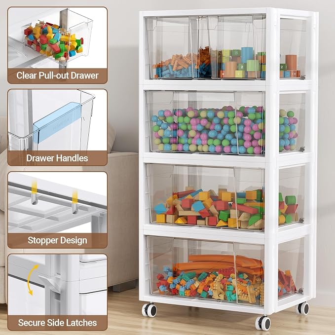 Extra Large Storage Drawer Cart, Storage Boxes 4 Tier-5 Drawer | With 1 Set Wheels, Stackable and Detachable Storage Unit, Home Kitchen Organizer for Art Craft Supplies Bedroom Bathroom