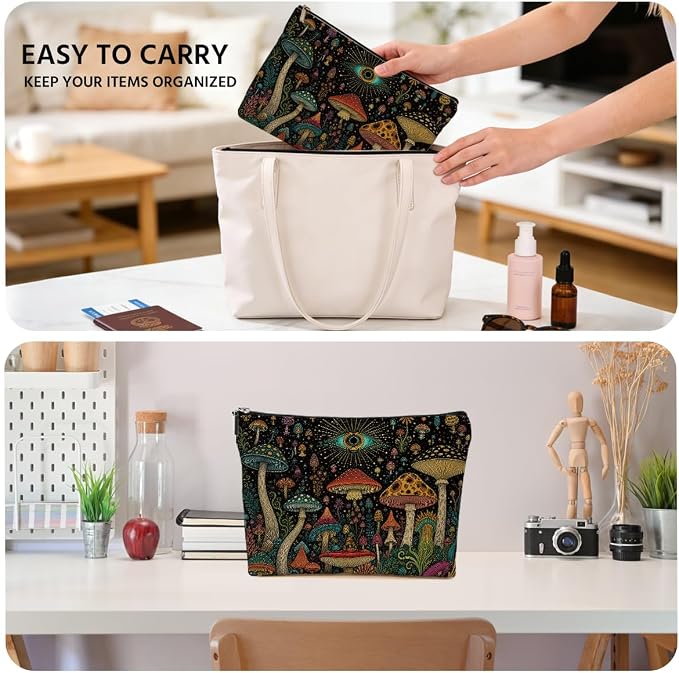 Boho Mushroom Makeup Bag, Vintage Mushrooms Cosmetic Bag Makeup Pouch | Evil Eye Travel Toiletry Bags for Women Girls Friends Sisters Wife Christmas Friendship Graduation Birthday Gifts