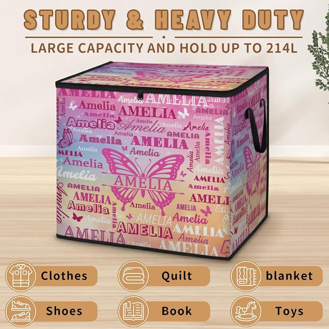 Custom Comforters Storage Basket with Lid, Personalized Name Large Organizer Bin for Pet/Children Toys, Books, Clothes, Perfect for Rooms/Playroom, Colorful Pink Butterflies