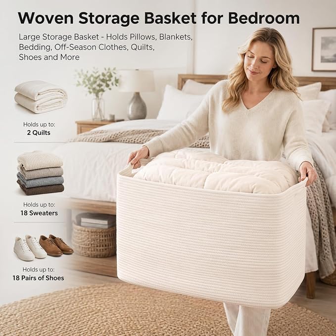 OIASKET 108L Extra Large Blanket Basket Living Room, 24.8" x 16.2" x 16.2" | Rectangle Woven Laundry Hamper, Nursery Blanket Storage Living Room, Toy Storage With Handle, Large Baskets for Organizing