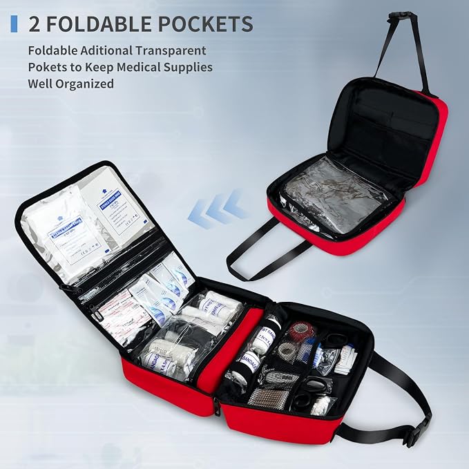 Portable First Aid Bag, Empty Emergency Trauma Kit with Reflective Strips, Multi-Compartment Medical Organizer for Travel, Camping, Car, Outdoor and Home, BAG ONLY (Red)