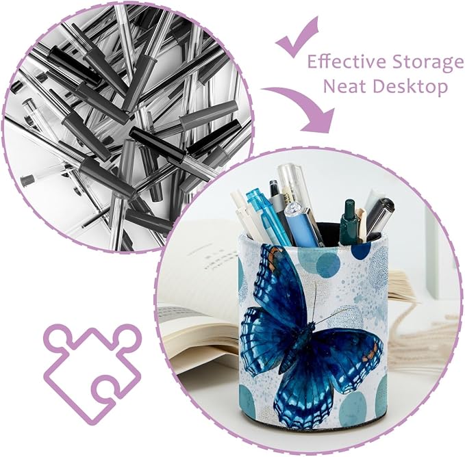 Blue Butterfly Pen Holder, Pencil Cup Marker Brush Holder Desk Storage Case, Desktop Organizer for School Office Home Supplies
