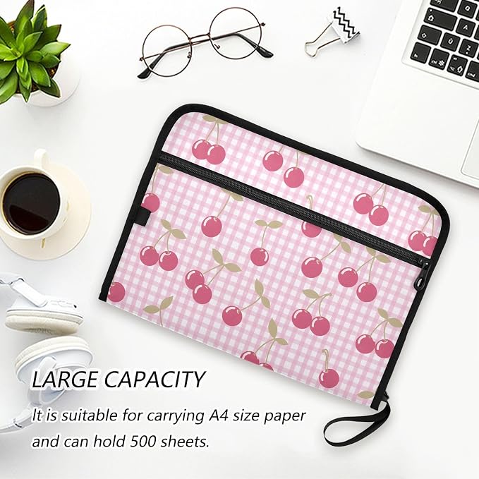 Cute Pink Cherry Berries Checkered File Organizer 13 Pocket Expanding File Folder with Front Pouch Portable Business Fire Storage Document Organizer Folder with Zipper