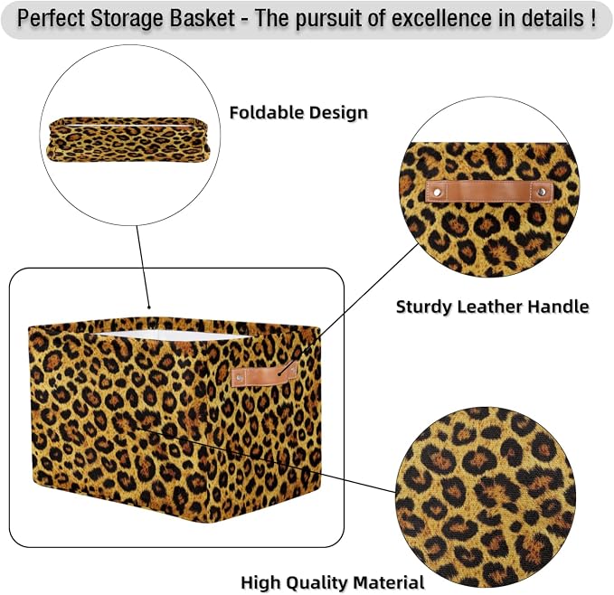 Leopard Print Storage Boxes Theme Storage Nursery Baskets with Handle Closet Collapsible Organizer Shelf Bins for Book Cloth 15 X 11 X 9.5 IN