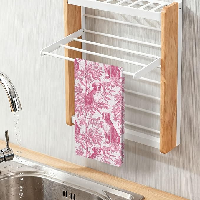 Pitbull Kitchen Dish Towels,Pink and White Floral Dog Towel Dish Tea Towels, Chinoiserie Decor for Kitchen Bathroom,Pitbull Gifts for Dog Lover Mom Dad,16x24 Inch