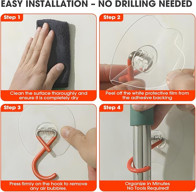 No Drill Broom Holder Adhesive Wall Hooks Heavy Duty Mop Hooks 2Pcs