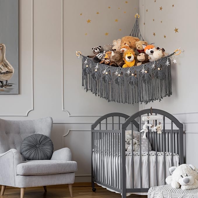 Macrame Stuffed Animal Storage with Star Light, Corner Hammock for Nursery | Corner Hanging Stuffed Animal Net Organizer for Girls' Room, Plushies Toy Wall Hanging Display Holder, Kid Gift