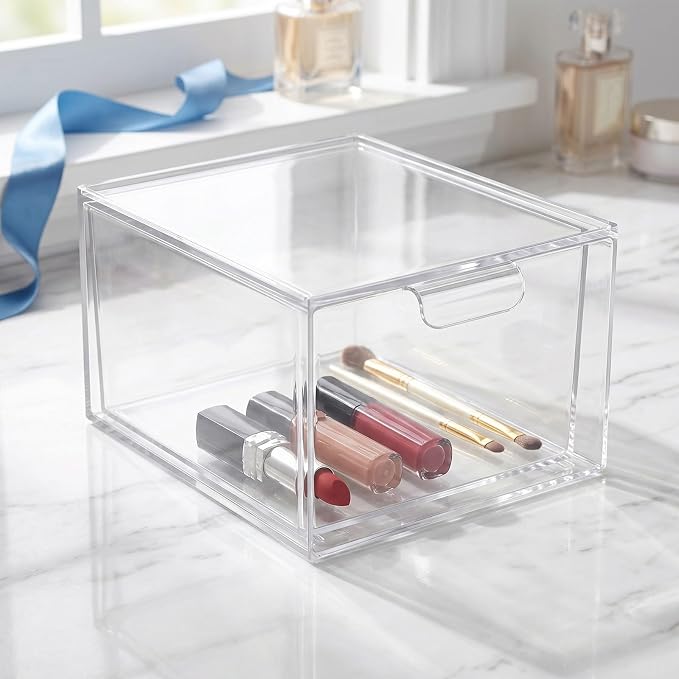 Hemobllo 4pcs Stackable Storage Drawers with Handle, Plastic Makeup Organizer Boxes with Removable Dividers, Pet Material for Lipstick and Accessories, for Makeup Bag and Undersink Cabinets