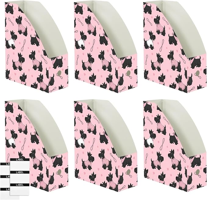 SPRIPORT Cute Pets Dogs Pink Print Water Resistant PP Magazine File Holder Organizer for Desk, Foldable Storage Rack for School Library Office Document Sorter with Labels 23x30x10cm (3 Pack)