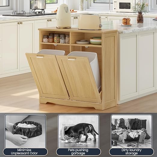 HOOBRO Double Tilt Out Trash Can Cabinet, 20 Gallon Kitchen Trash Bin Cabinet, Hidden Trash Storage with Open Compartments, Hidden Laundry Hamper, for Kitchen, Laundry, Natural NL04LJ01