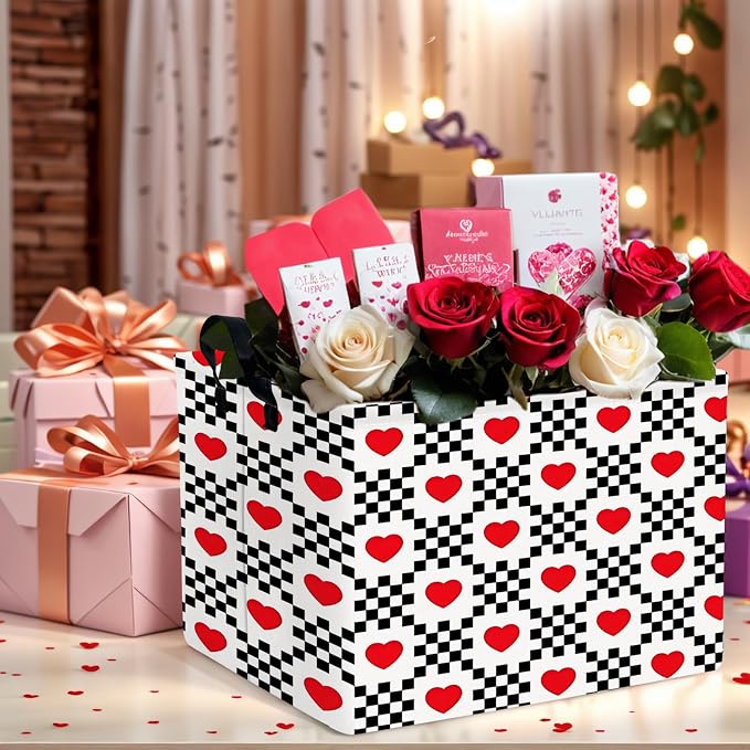 Valentine's Day Basket for Gifts Empty Cute Heart Large Gift Basket Decorative Storage Bin for Kid and Baby Room Décor (Black and White Checkered Heart)