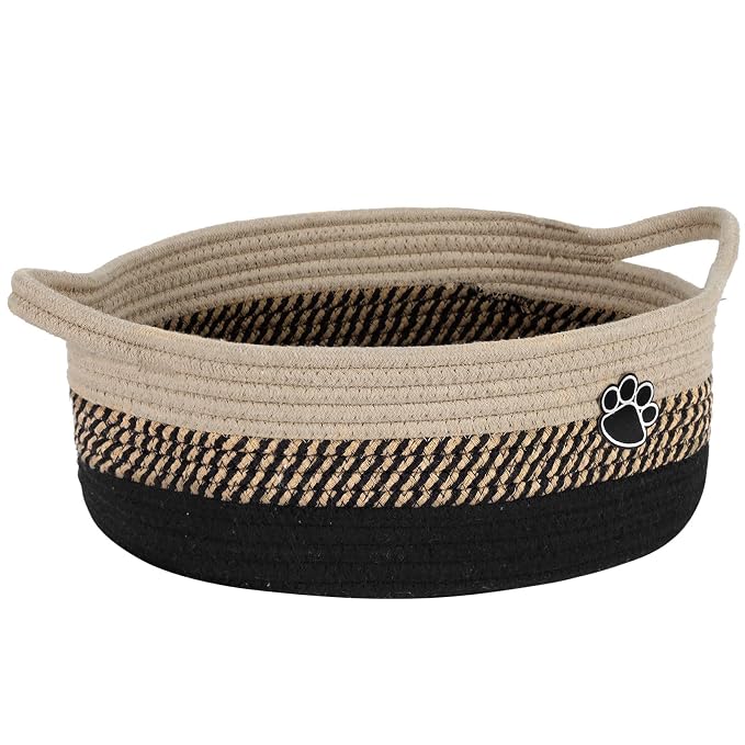 Optish Dog Toy Basket, Toy Box and Bin for Dog Cat Storage, 13.5" X 11" X 5" Small Woven Rope Basket for Baby Storage, Closet, Living Room, Brown & Black