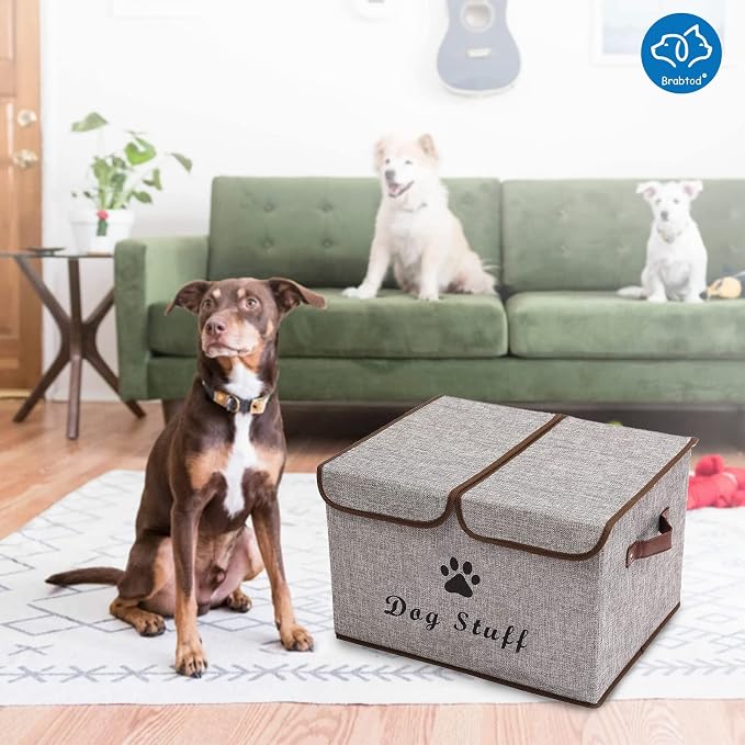 Large Dog Toys Storage Box Canvas Storage Basket Bin Organizer with Lid - Collapsible Linen Bin Ideal for Organizing Dog Cat Toys and pet Stuff-PP Boad-17" x 12" x 10" - Gray