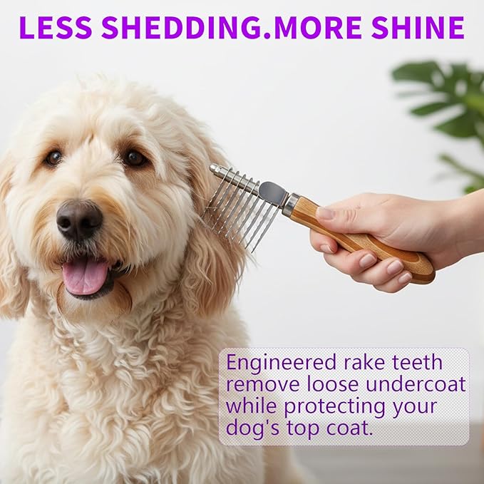 Dog Dematting Comb & Rake, Stainless Steel Pet Grooming Brush for Mats & Tangles, Gentle Undercoat Rake for Doodles, Poodles, Goldendoodles, Long/Short Haired Dogs & Cats, Non-Slip Wooden Handle