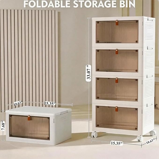 Foldable Stackable Pet Supplies Storage Bin with Wheels, Magnetic Door Collapsible Organizer Cabinet for Pet Toys, Food, Grooming Tools, Multi-Purpose Storage for Home, Bedroom, Laundry Room (white)