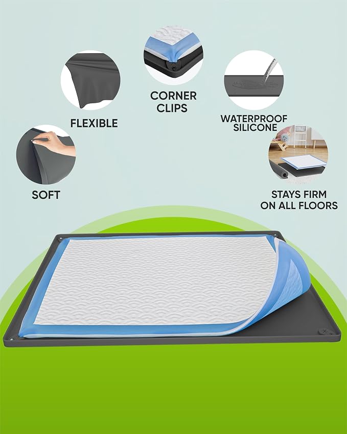 Dog Pee Pad Holder Tray Fits for 11.5” x 17” Pee Pads - 1 Pack - Grey | Corner Lock Holes, Raised Edges, Non-Spill, Easy to Clean Silicone Dog Potty Tray Holder, For Indoor Floor Protection