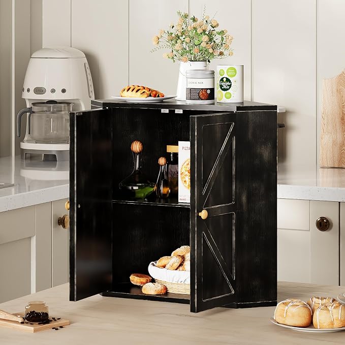 Trironsun Corner Bread Box for Kitchen Counter Double Layer Bamboo Bread Storage Container Large Capacity Bread Storage Bin Farmhouse Breadbox Organizer (Antique Black)