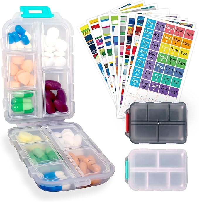 2 Pack Pill Organizer Travel Case - 10 Compartments Weekly Daily Medicine Container with 330 Labels, Double Lock Design, Portable for Purse/Car/Office (White & Grey)