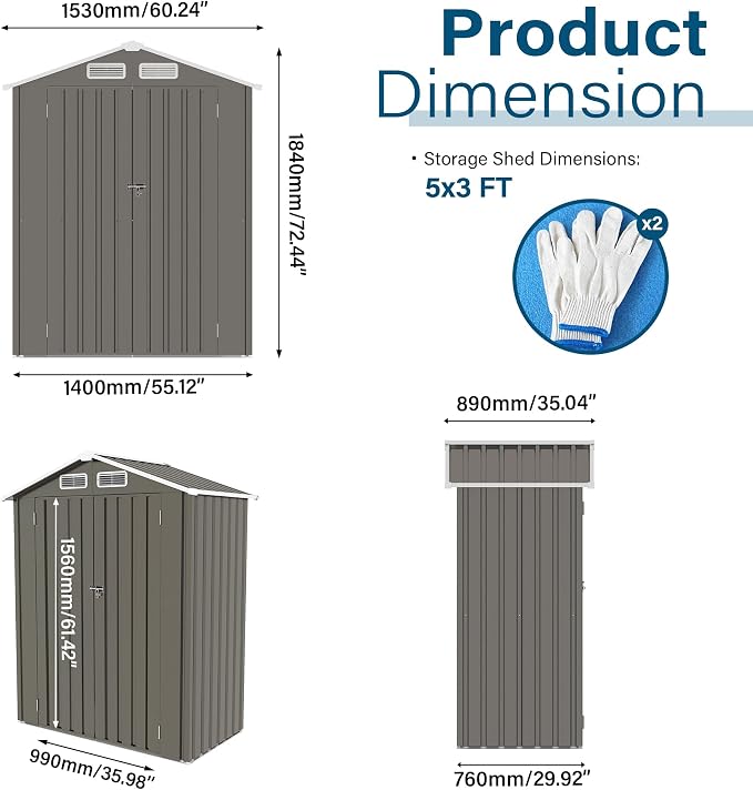 5X3 FT Metal Storage Shed, Tool Shed Outdoor Storage with Peaked Roof Waterproof and Clear Window, Metal Storage Shed with Lockable Door, Galvanized Steel Outdoor Shed for Backyard Patio,Gray