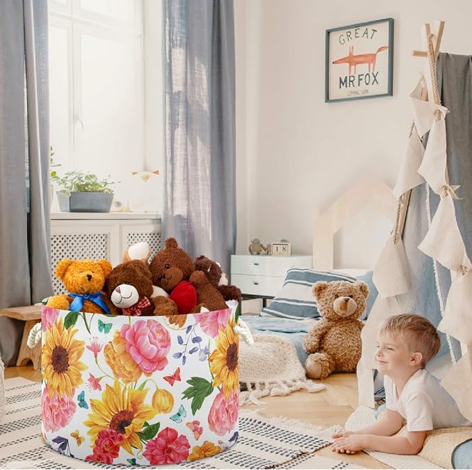 visesunny Storage Basket Sunflower Pink Nursery Hamper Basket Clothes Toy Storage Organizer Bin Box Collapsible Laundry Bag for Kid Room,Playroom,Bathroom,Living Room,Dorm,Office