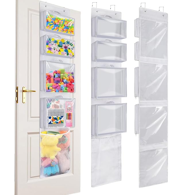 Over Door Organizer and Storage, Hanging Toy Holder with Removable Pouches | Toddler Room Wall Stuffed Animal Storage Bag Case, Kids Playroom Closet Back of Door Organization for Building Block, Puzzle