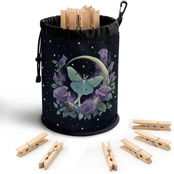 Clothespin Bag Holder Outside, Starry Night Moon Rose Multiple Hanging Methods Clothes Pin Bag with Drawstring Closure, Ventilation Clothespin Storage Organizer with Hooks