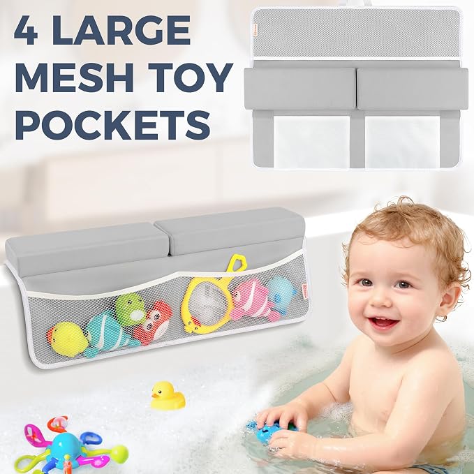 Bath Kneeler and Elbow Rest Pad Set, 1.5” Thick Bathtub Kneeling Mat | Cozy Memory Foam, Non-Slip 6 Suction Cups and 4 Toys Organizer Pockets, Quick-Dry Bath Kneeling Pad for Babies Toddlers