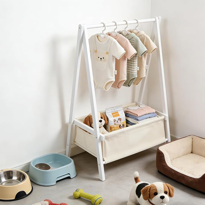 Baby Clothing Rack for Baby Shower, Pets Clothes Rack with Storage Box & Hanging Rod for Dogs/Cats, Mini Dolls Closet Rack, Bamboo Baby Shower Rack for Nursery Room (White)