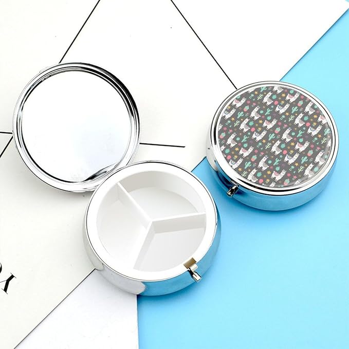 Round Portable 3 Compartment Pill Case Cartoon Llama Alpaca, Metal Pill Holder for Outdoor Travel Picnic Medication