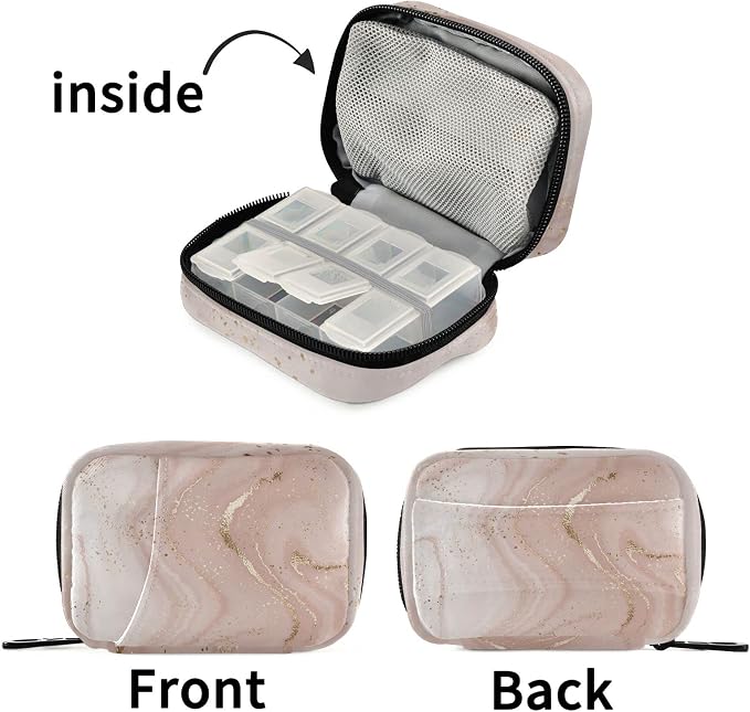 Rose Gold Glitter Marble Pill Case, Weekly Portable Pill Bag Container 7 Days Pill Box Organizer Vitamin Supplement Holder with Zipper for Travel Family Business