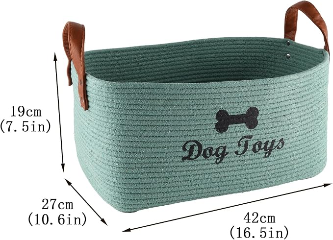 Large Dog Toy Basket, 100% Cotton Rope Dog Toy Storage Bin-Green | Dog Toy Box for Livingroom Area with Handle for organizing Pet toys,Blankets,Leashes,Pee Mats and Diapers-16.5"x10.6"x 7.5"