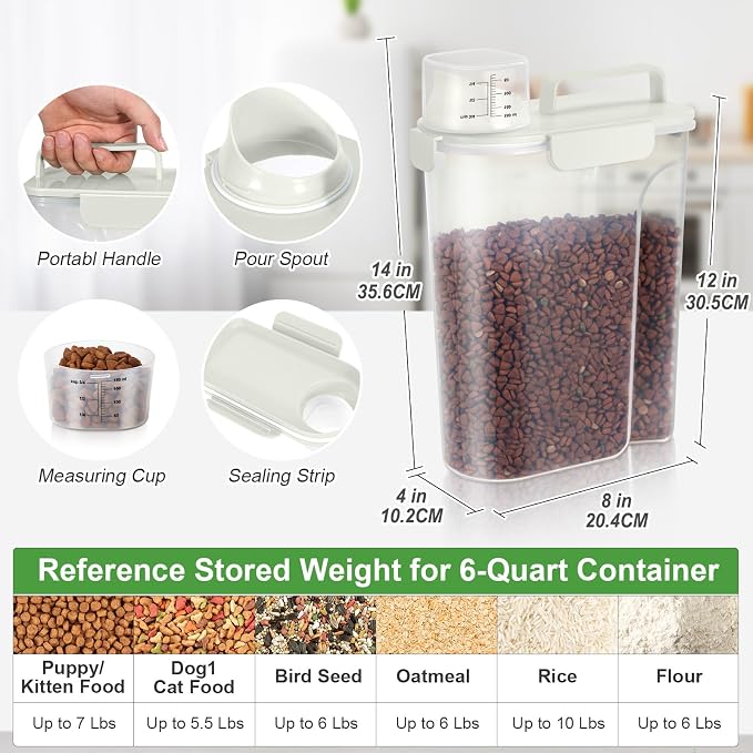 TBMax Airtight Rice Container 10 Lbs, Cereal Dispenser, Pet Cat Dog Food Storage Container, Plastic Kitchen Pantry Food Storage Holder with Cup -Beige